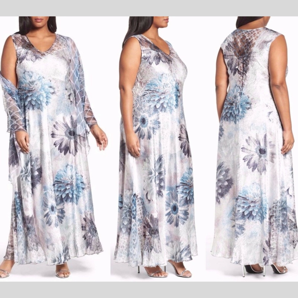 NEW! 2PC $348 Komarov Corset Back Charmeuse Gown Dress Bloom‎ [SZ XL ]